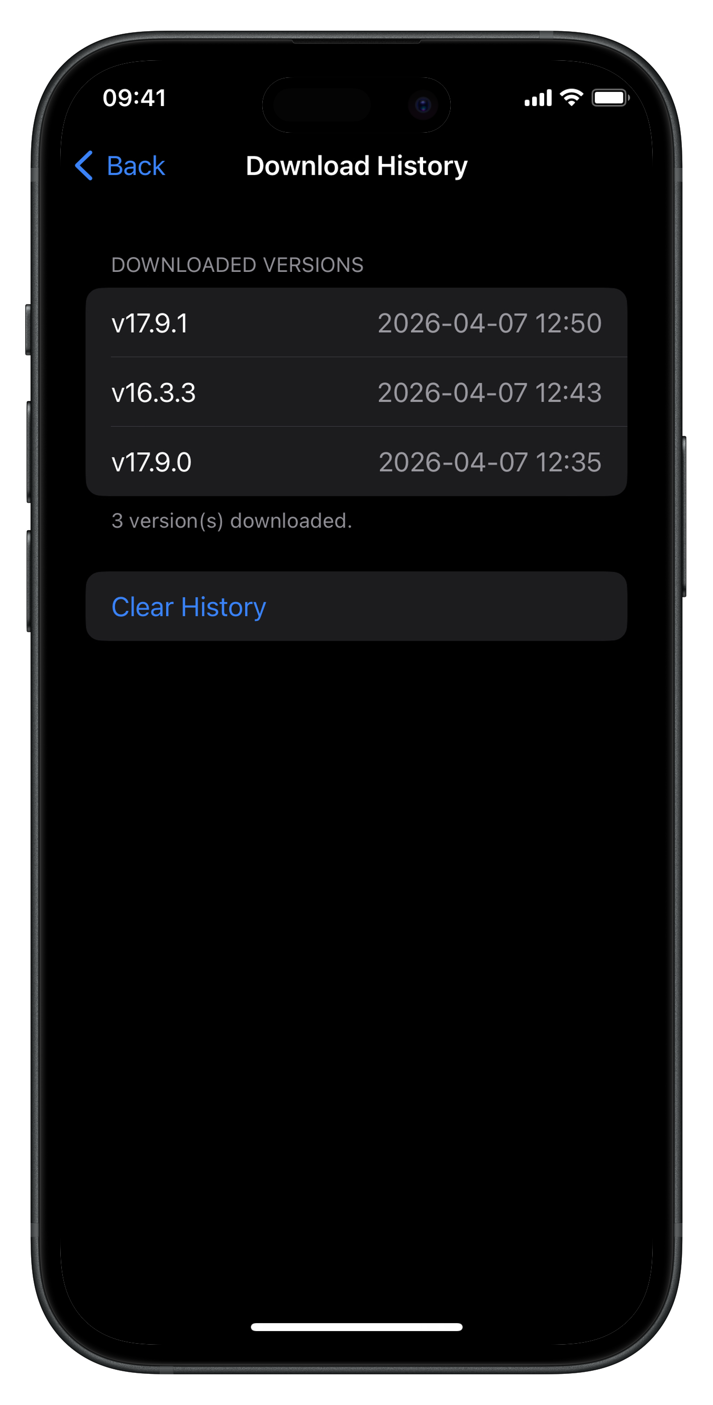 Download History showing previously downloaded versions